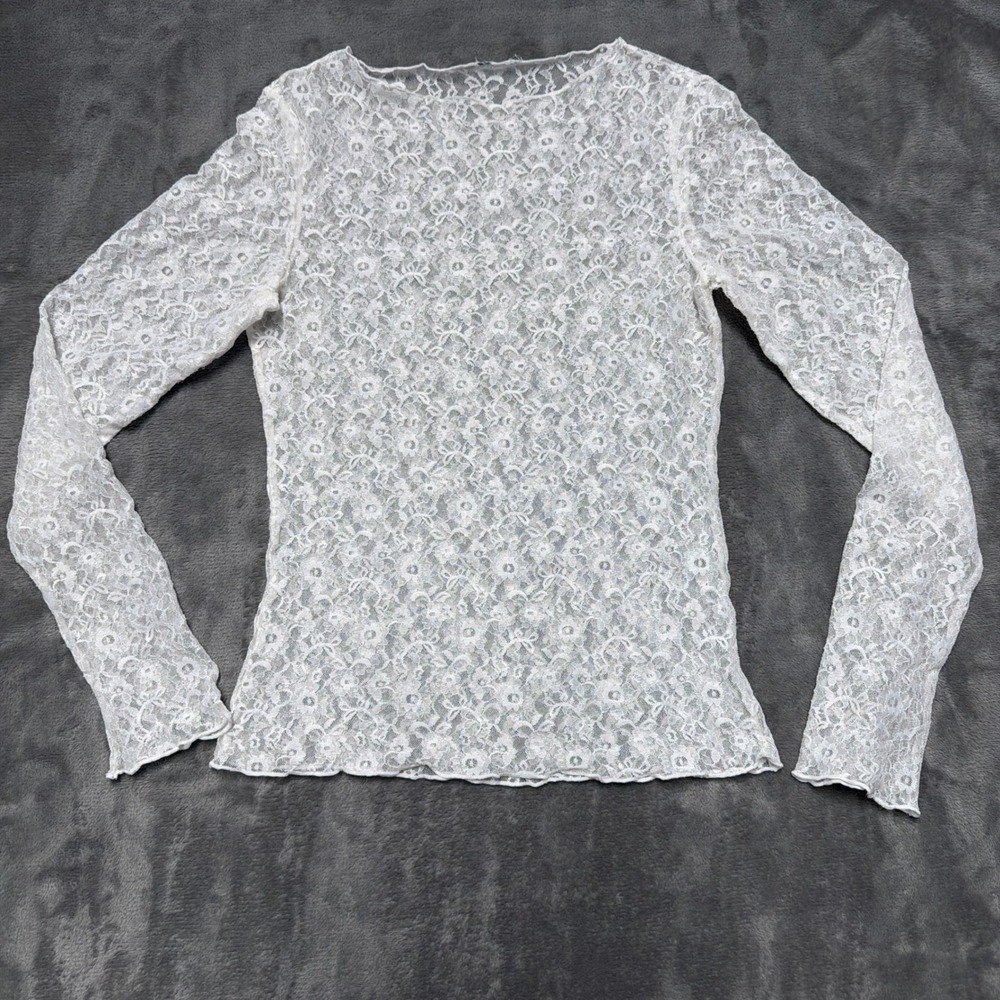 Lace Floral Mesh Top Womens XS White Long Sleeve Sheer y2k 90s Grunge Coquette
